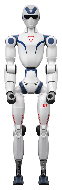Unitree R1 in a front-facing standing pose, blue and white finish.