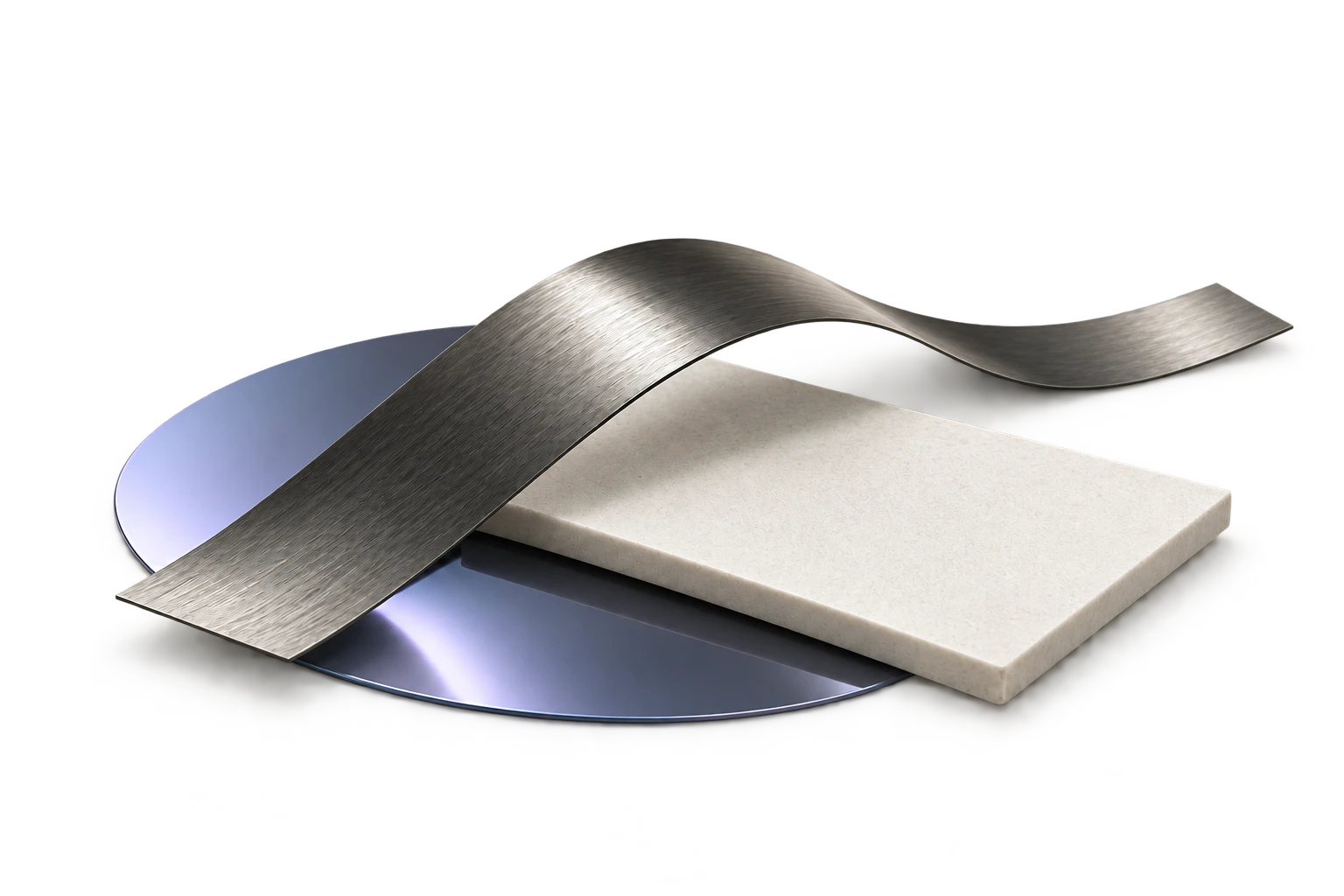 Conceptual illustration of a curved metal ribbon, ceramic plate, and polished semiconductor wafer.